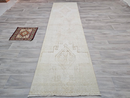 3x11 Neutral Oushak Runner/ Hand Knotted Wool Runner Rug for Hallway and Kitchen/ Boho Runner Rug/ Turkish Runner Cream Beige Brown