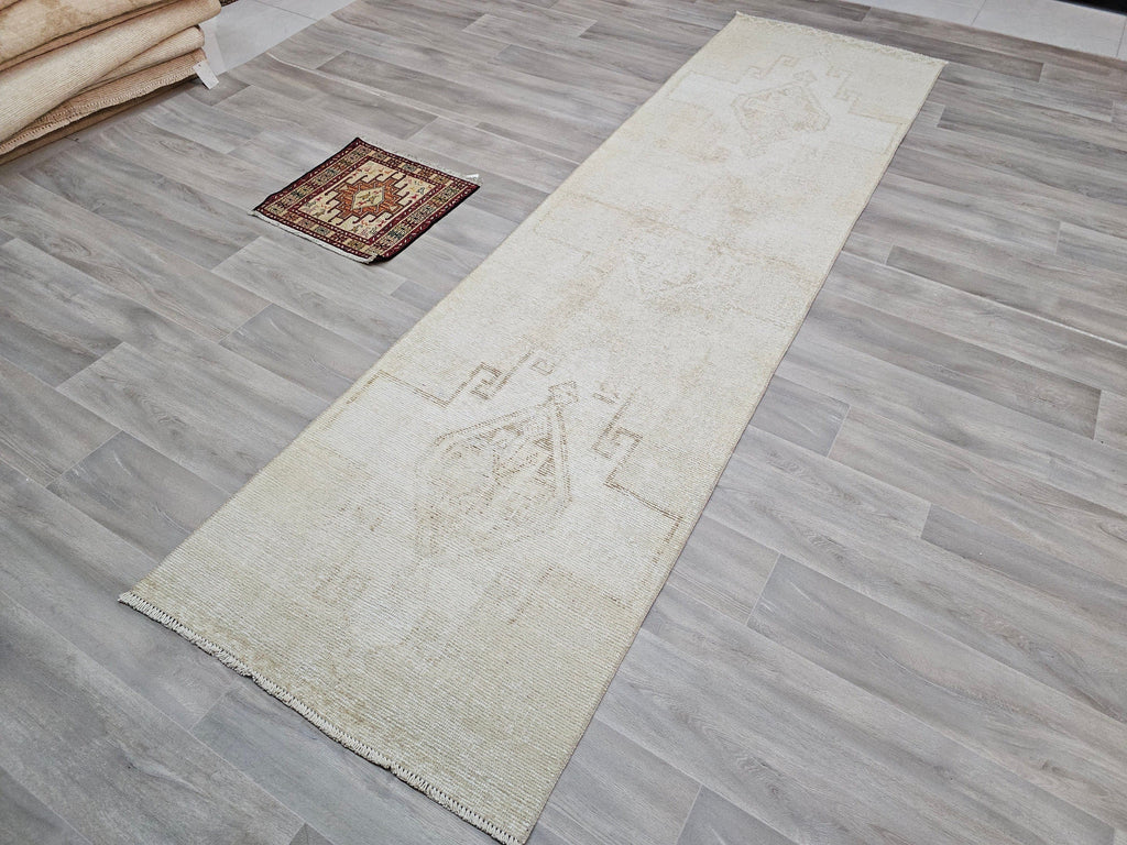 Neutral Beige Vintage Handwoven Wool Runner Rug - 3x11 feet | Timeless Hallway Carpet