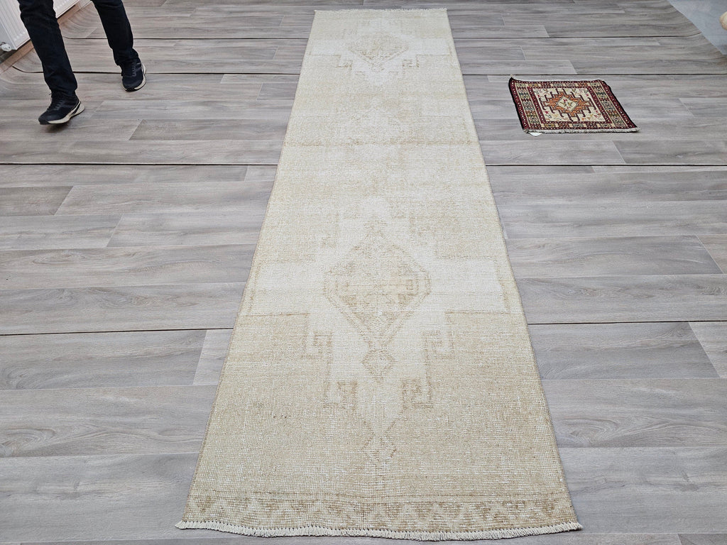 Neutral Beige Vintage Handwoven Wool Runner Rug - 3x11 feet | Timeless Hallway Carpet