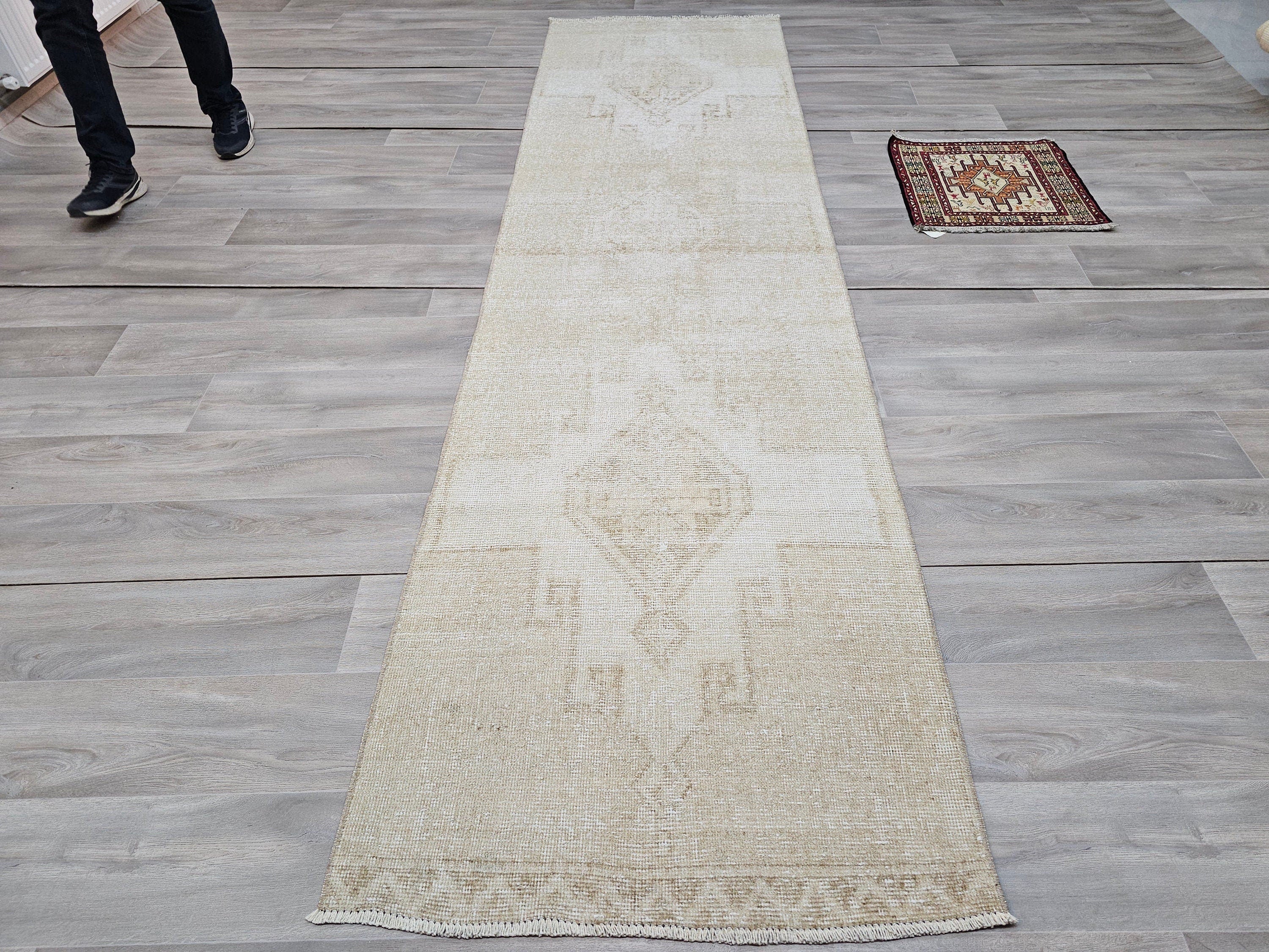 Neutral Beige Vintage Handwoven Wool Runner Rug - 3x11 feet | Timeless Hallway Carpet
