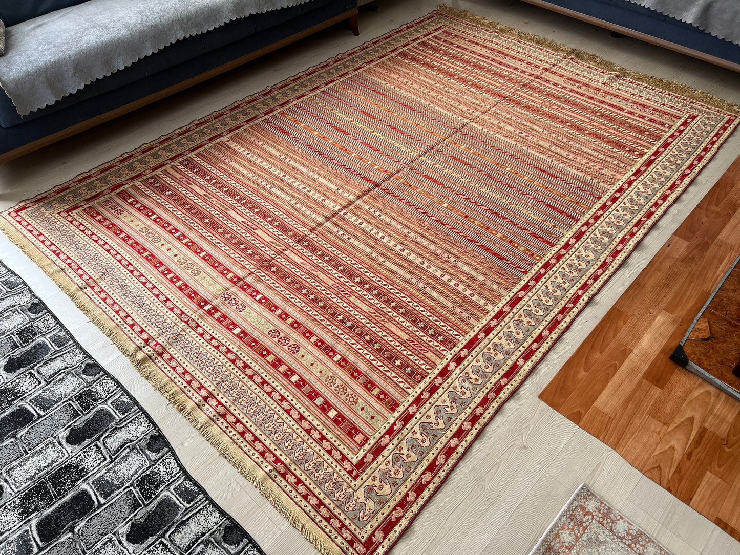 6x9 Silk SOUMAK Kilim Rug /6.36x8.70 feet/ Kelim Teppich , Hand Knotted Wool Vintage Striped Kilim Rug for Bedroom and Library Room