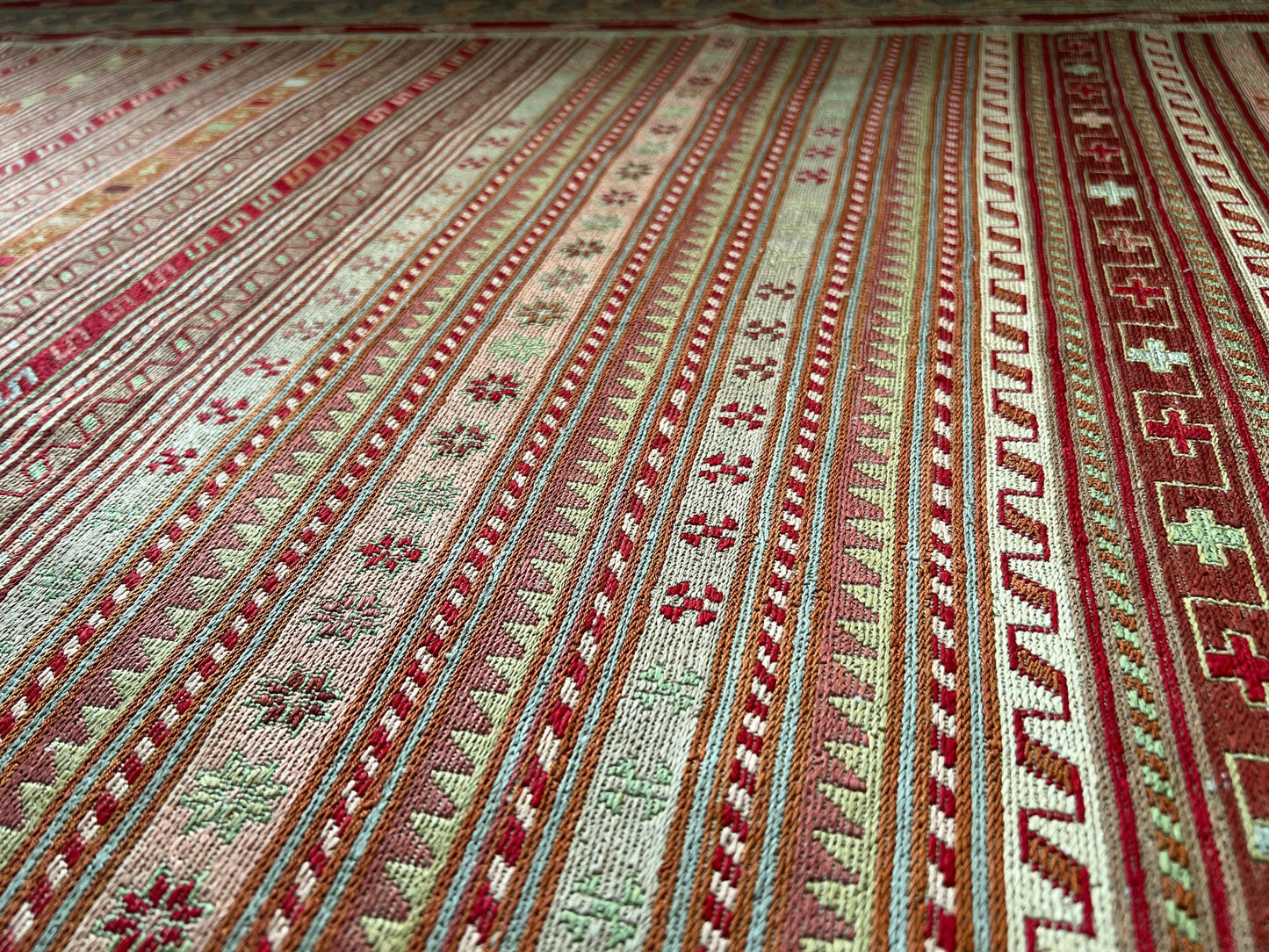 6x9 Silk SOUMAK Kilim Rug /6.36x8.70 feet/ Kelim Teppich , Hand Knotted Wool Vintage Striped Kilim Rug for Bedroom and Library Room