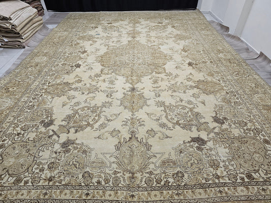 12x18 Vintage Neutral Turkish Area Rug Oversize Wool Neutral Rug for Livingroom and Big Space Oriental Oushak Carpet Handmade