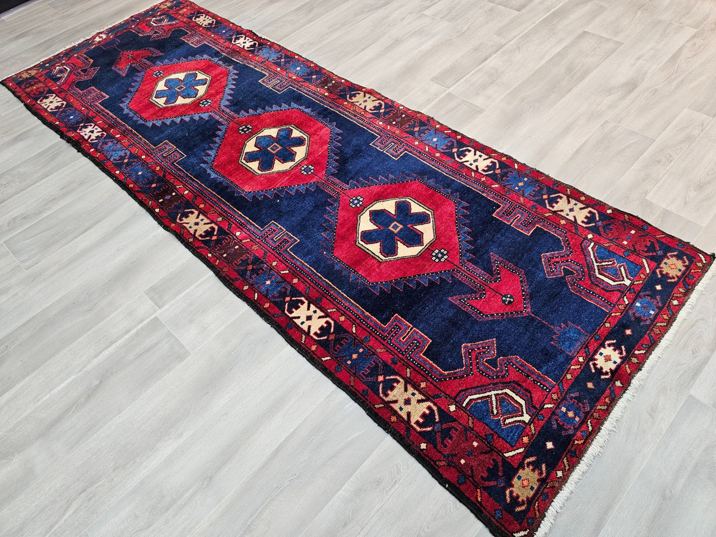 3.50x9.85 feet Traditional Wool Antique Persian Runner Rug Red Navy Blue