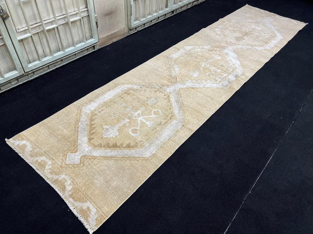 Neutral Distressed Oushak Runner Rug: 3x12 ft Vintage Turkish Hand-Knotted Wool