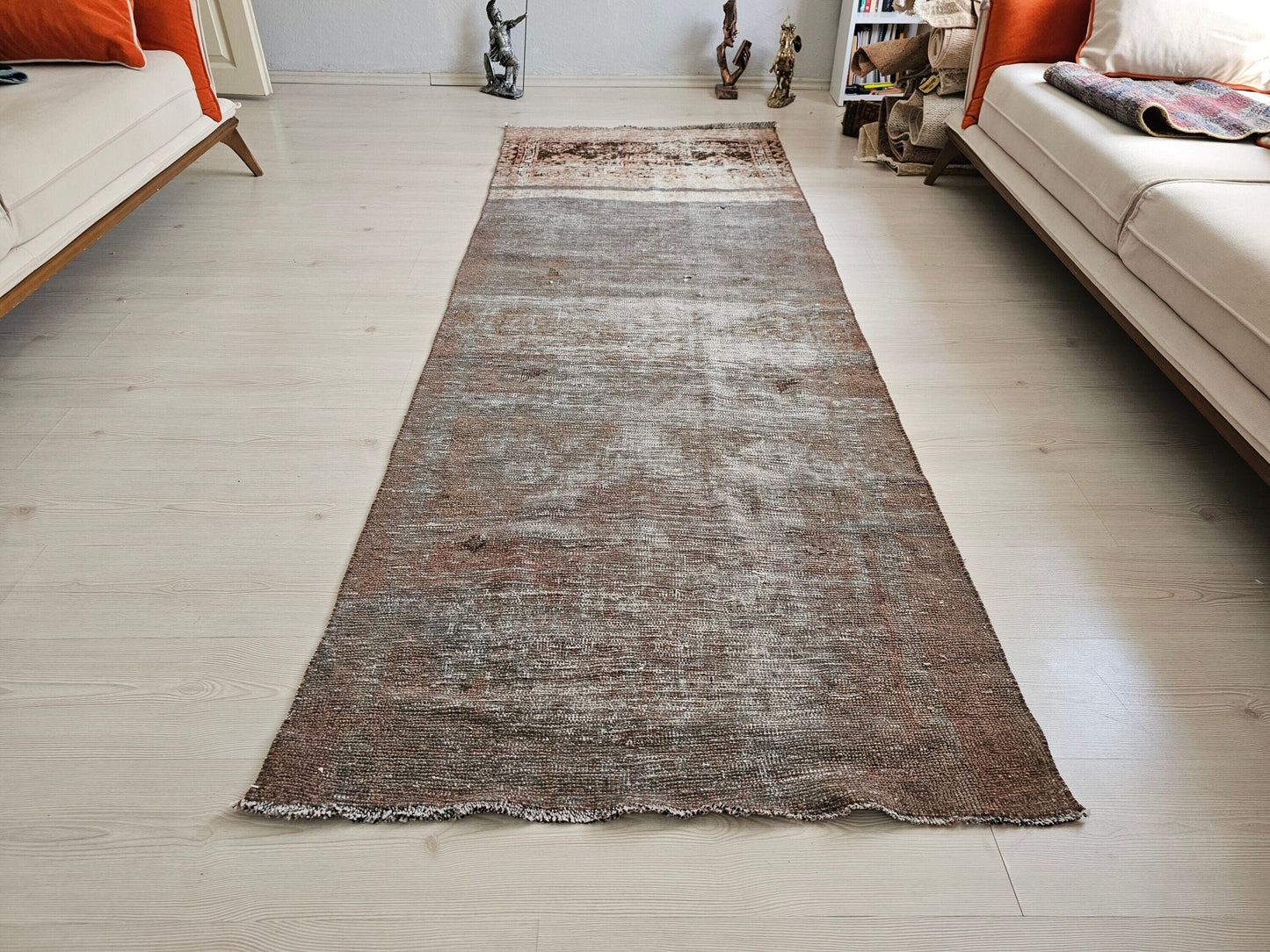 3x9 Gray Vintage Wool Runner - Hand Knotted Runner Rug //3.2x9 feet