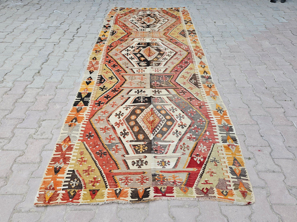 Vintage Turkish Kilim Runner Rug: 4.40x11.15 ft, Wool Kelim Teppich