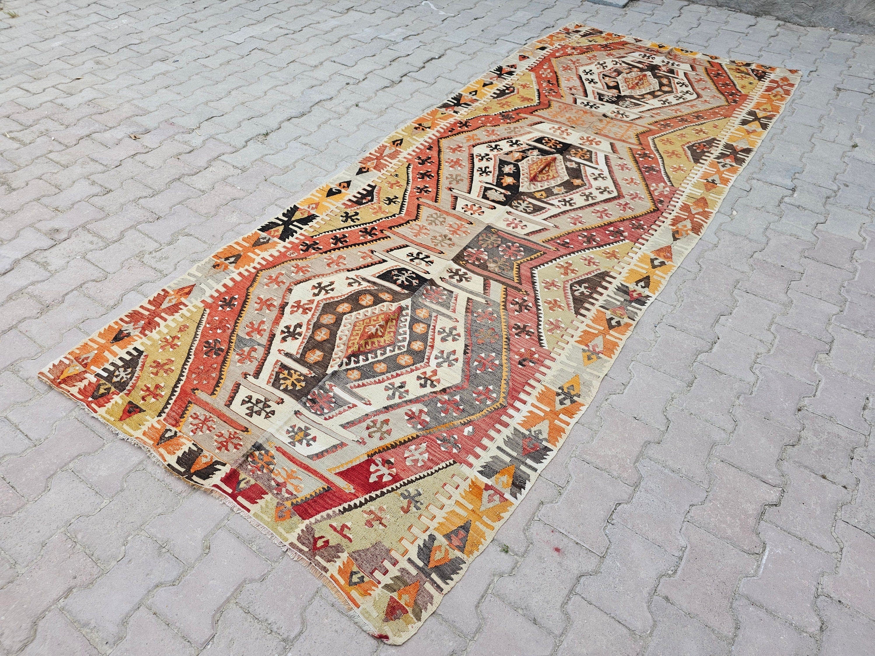 Vintage Turkish Kilim Runner Rug: 4.40x11.15 ft, Wool Kelim Teppich