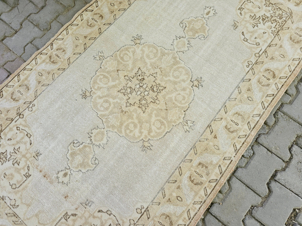 4x7 Hand-Knotted Wool Turkish Rug: Neutral Vintage Entryway Rug