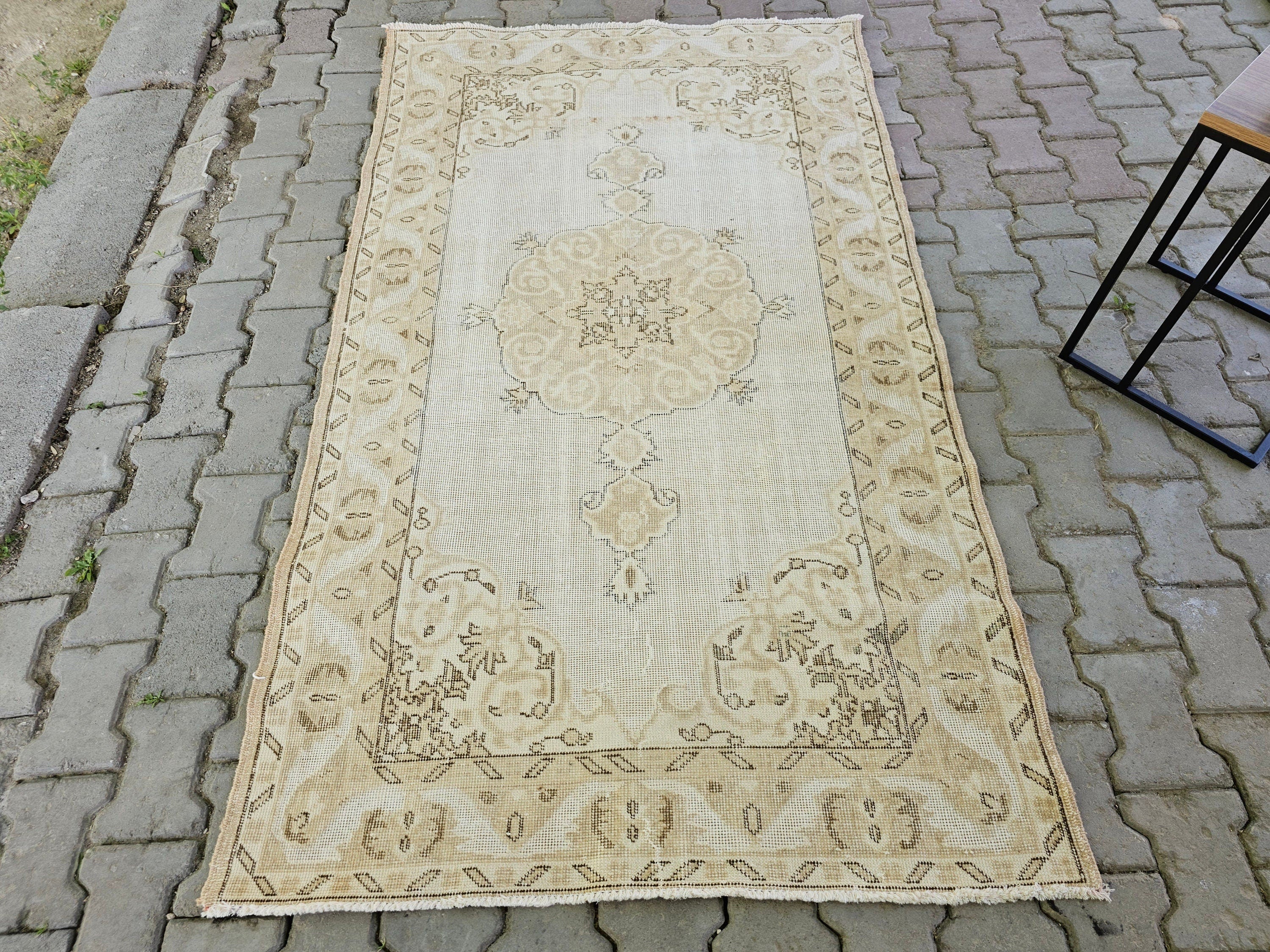 4x7 Hand-Knotted Wool Turkish Rug: Neutral Vintage Entryway Rug