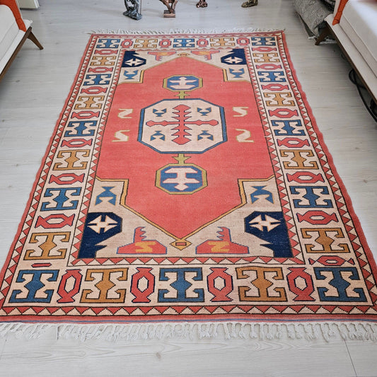 5' X 7'5" HandKnotted Vintage Geometric Red Turkish Rug - Soft Wool Rug for Bedroom - Office Rug - Decorative Rug