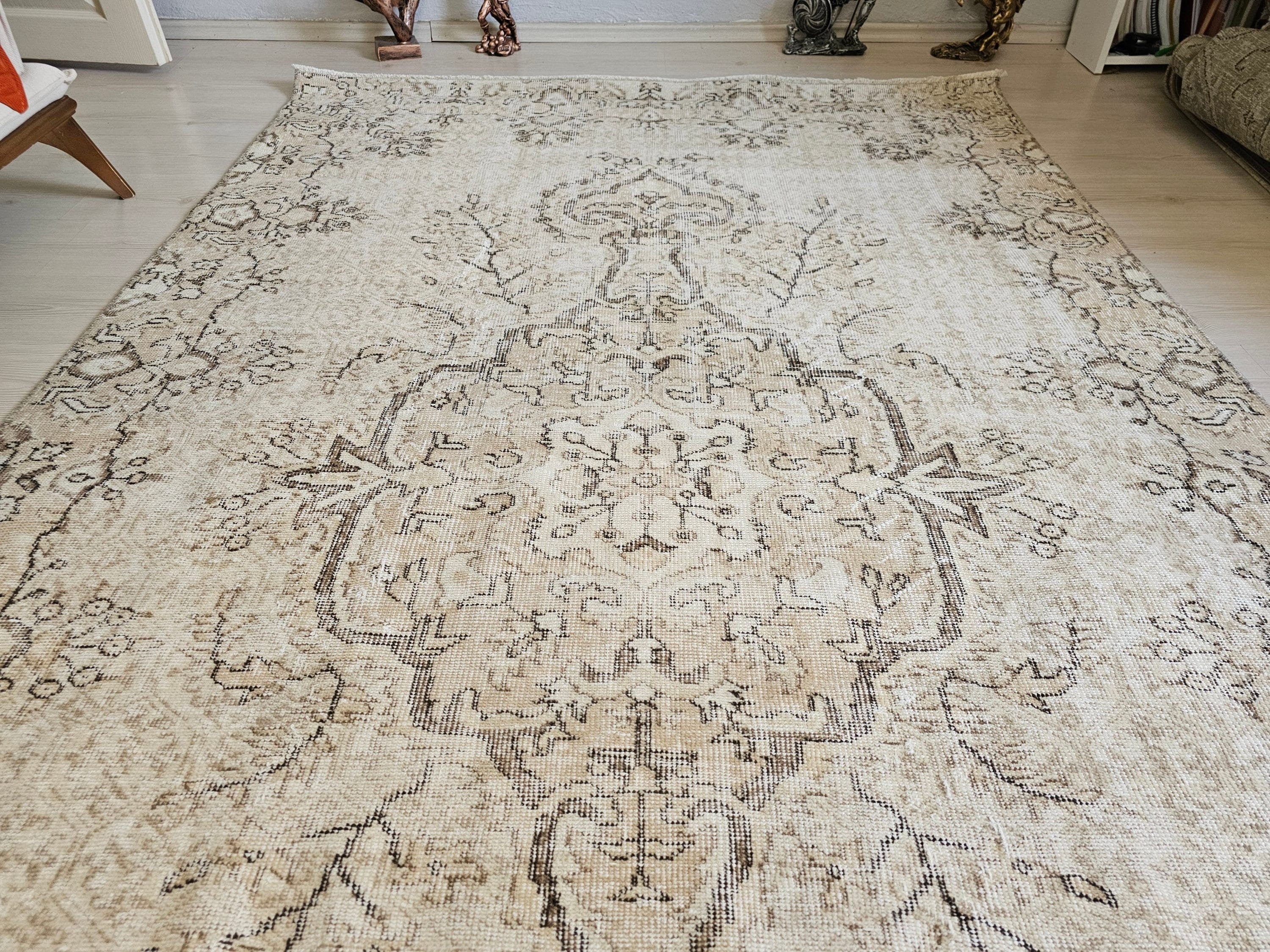 Muted Oushak Rug: 5.3x8.6 ft. Vintage Turkish Wool Area Rug