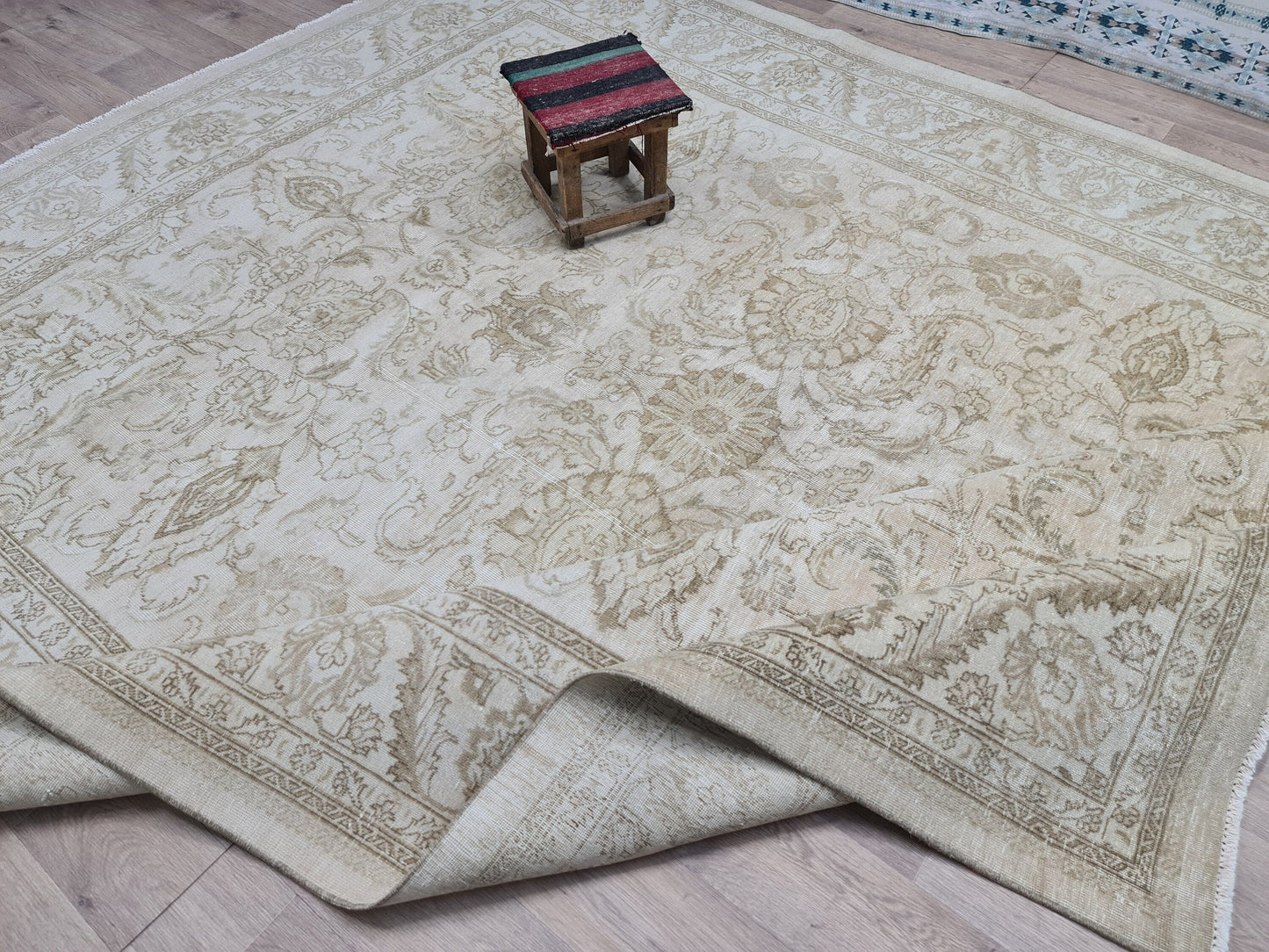 9x12 Neutral Area Rug/ Hand Knotted Wool Vintage Turkish Carpet