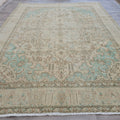 9x12 Vintage Turkish Rug: Beige & Sage Wool Carpet