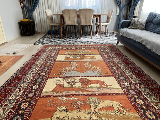 Antique Rug / 6.10x9.60 feet/ Soumak Rug - Vintage Rug - Decorative Rug - Turkish Rug - Animal Design Silk Rug - Anatolian Rug for Collector