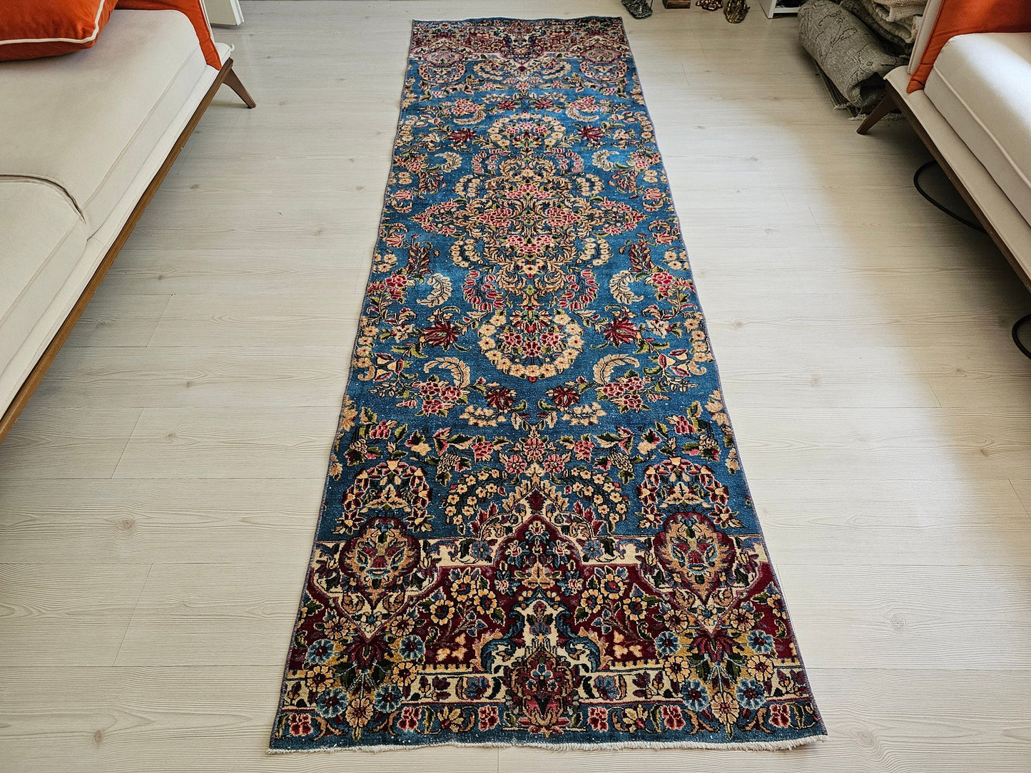 Blue Vintage Runner Rug/2.95x9.50 feet/ Hand Knotted Wool Floral Design Oushak Runner