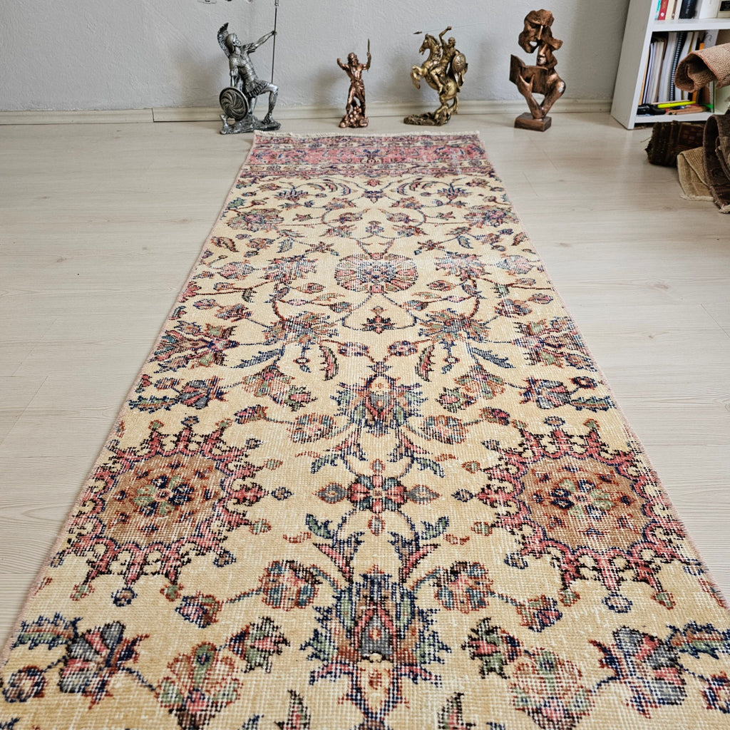 Vintage Turkish Oushak Runner Rug: Floral Wool Hallway Rug (2.4x10 ft)