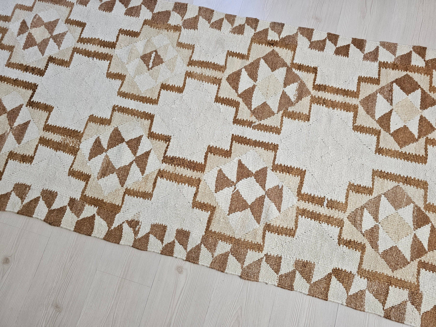 3x11 Neutral Runner Rug, Wool Oushak Runner, Geometric Design Vintage Turkish Runner for Hallway, Aisle and Kitchen //3.10x10.70 feet