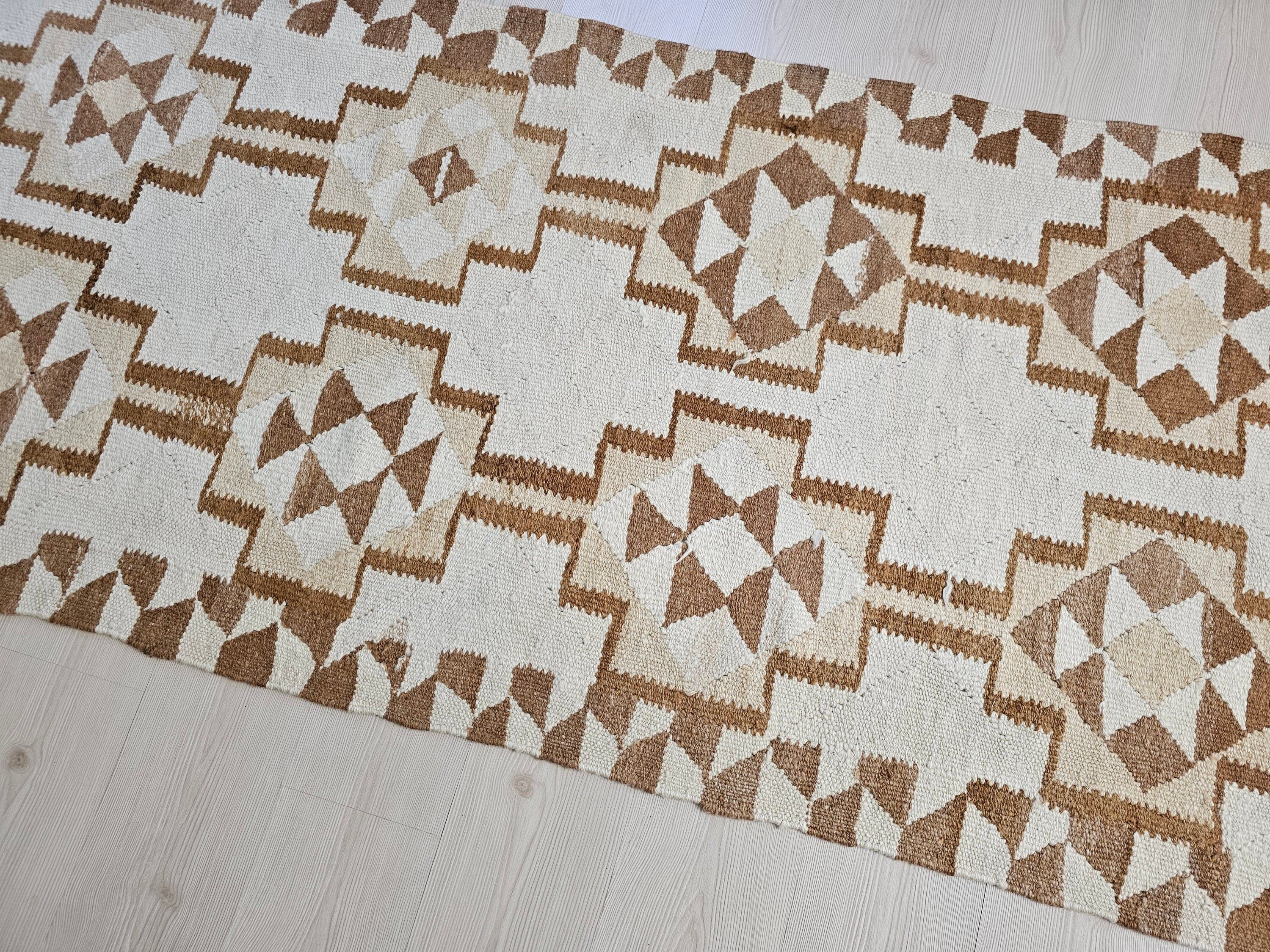 Vintage Turkish Oushak Runner Rug: Neutral Geometric Wool Hallway Rug (3.10x10.70 feet)