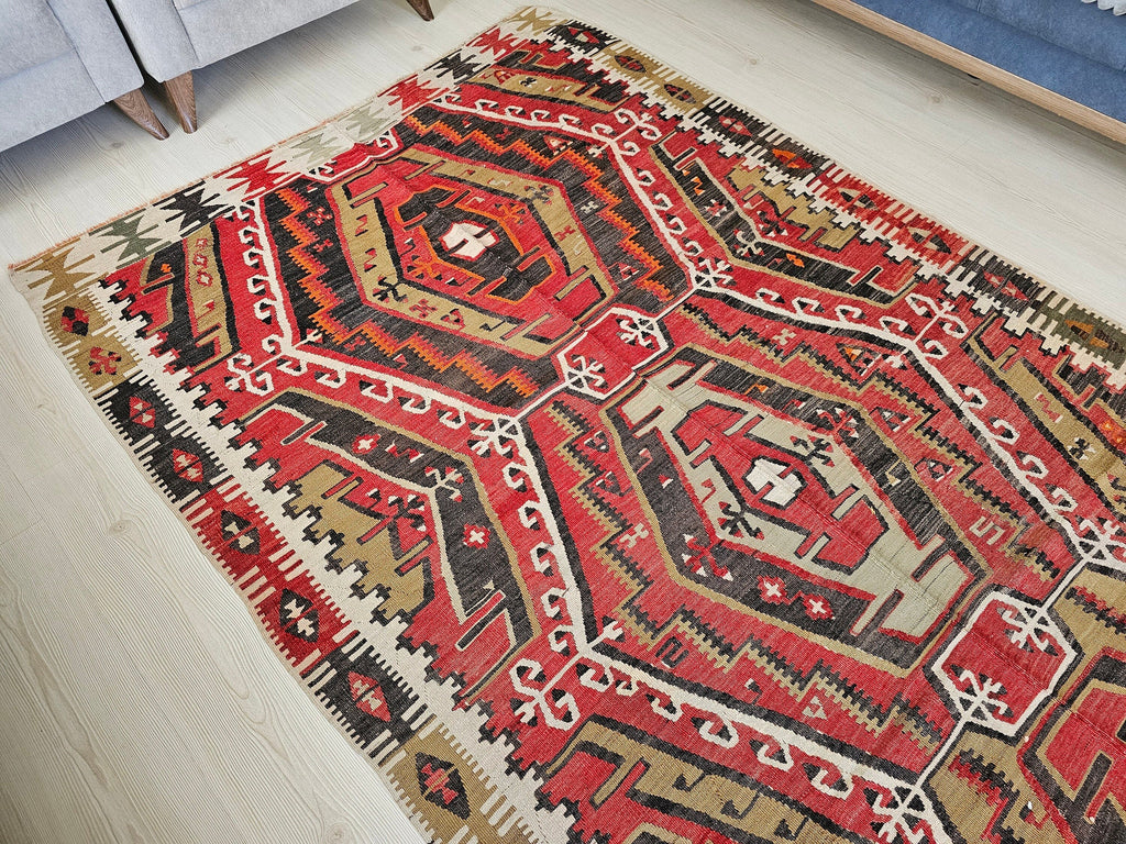5x11 ft Vintage Turkish Kilim Rug: Handmade Wool Oushak Rug