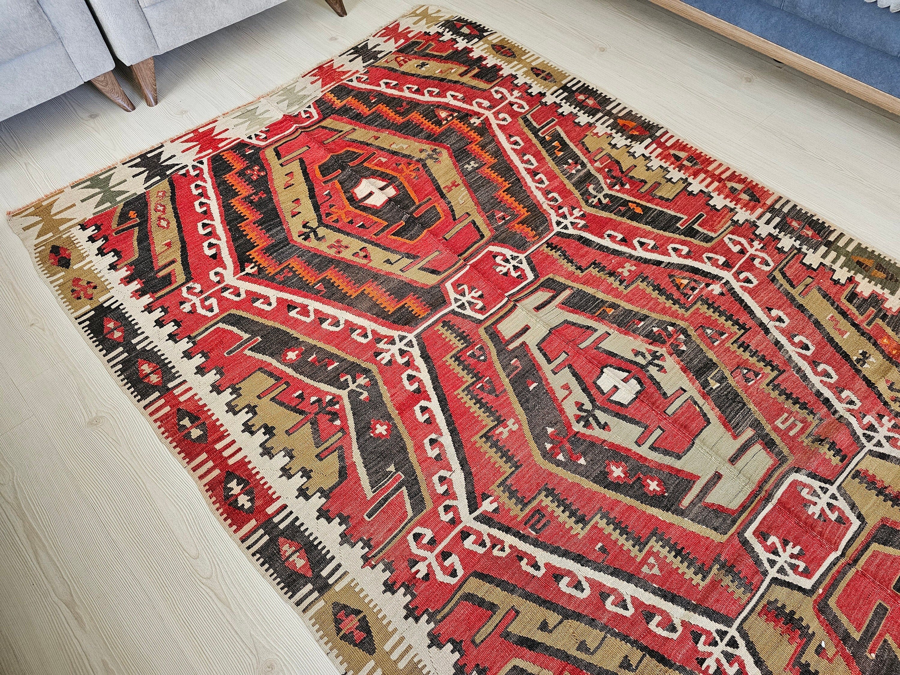 5x11 ft Vintage Turkish Kilim Rug: Handmade Wool Oushak Rug
