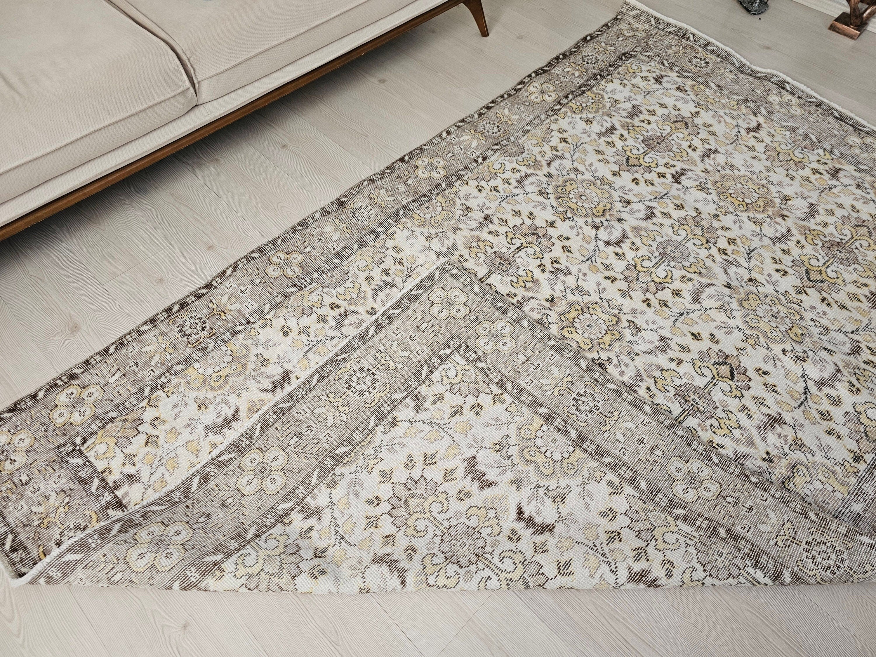 5x8 Oushak Vintage Cream Floral Design Wool Turkish Rug - Handmade Wool Oushak Carpet // 5.35x8.30 feet