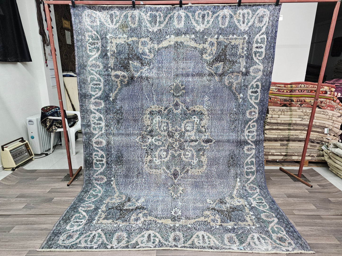 7x9.50 feet Navy Blue Vintage Turkish Oushak Rug for Bedroom/ High Quality Wool Area Rug