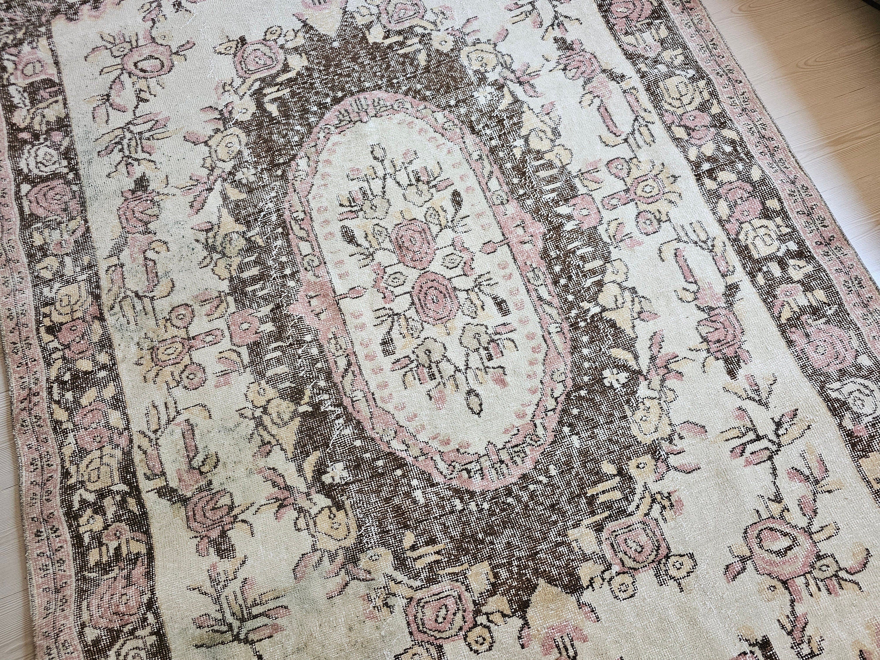 Handwoven Wool Oushak Rug: 6x9 Vintage Bohemian Area Rug