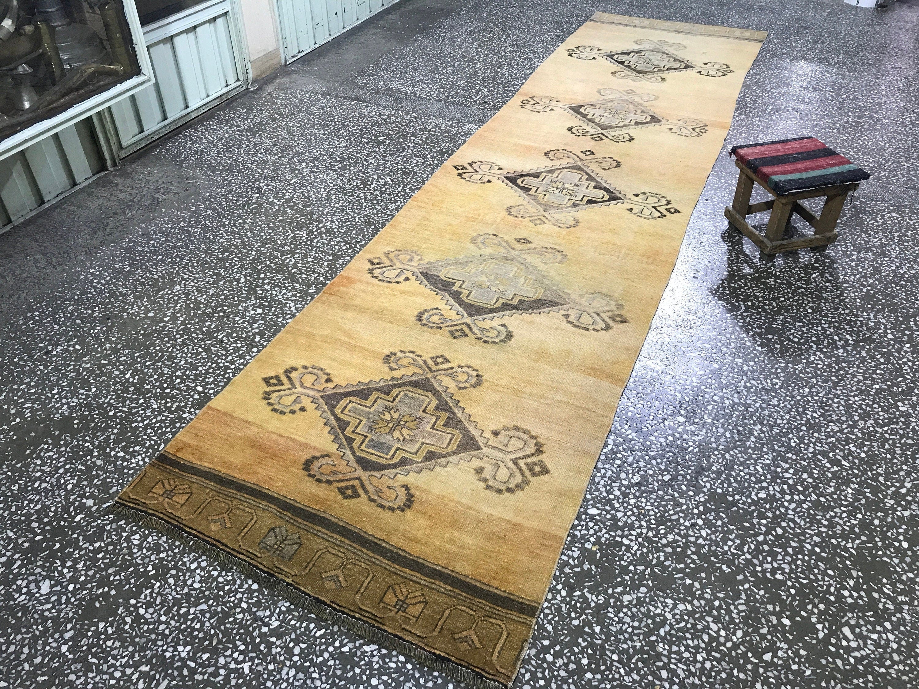 Hand Knotted Wool Vintage Runner Rug 3.3 x 14 Feet for Hallway Kitchen Corridor