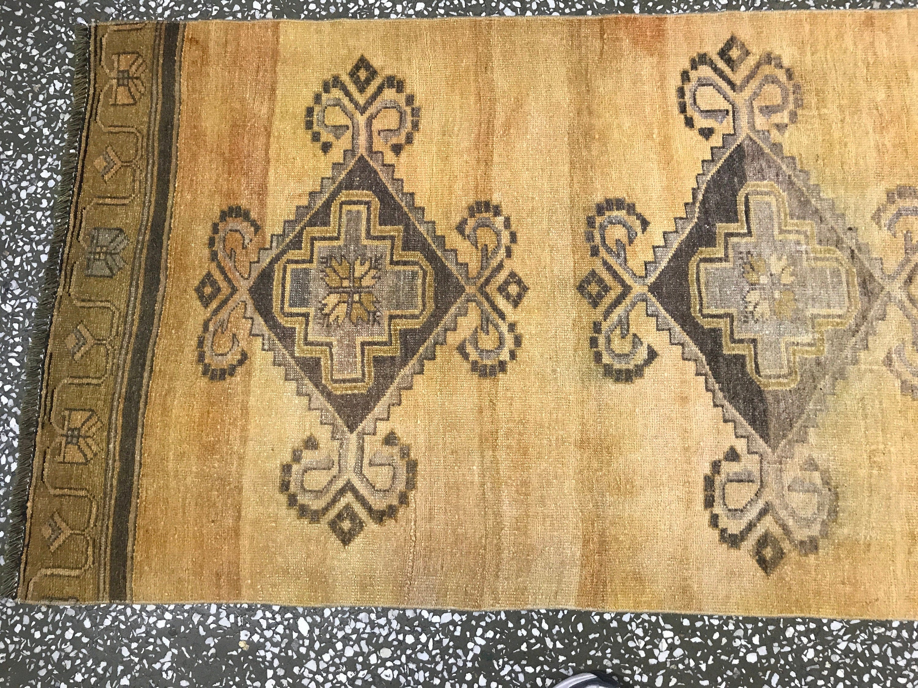 Hand Knotted Wool Vintage Runner Rug 3.3 x 14 Feet for Hallway Kitchen Corridor
