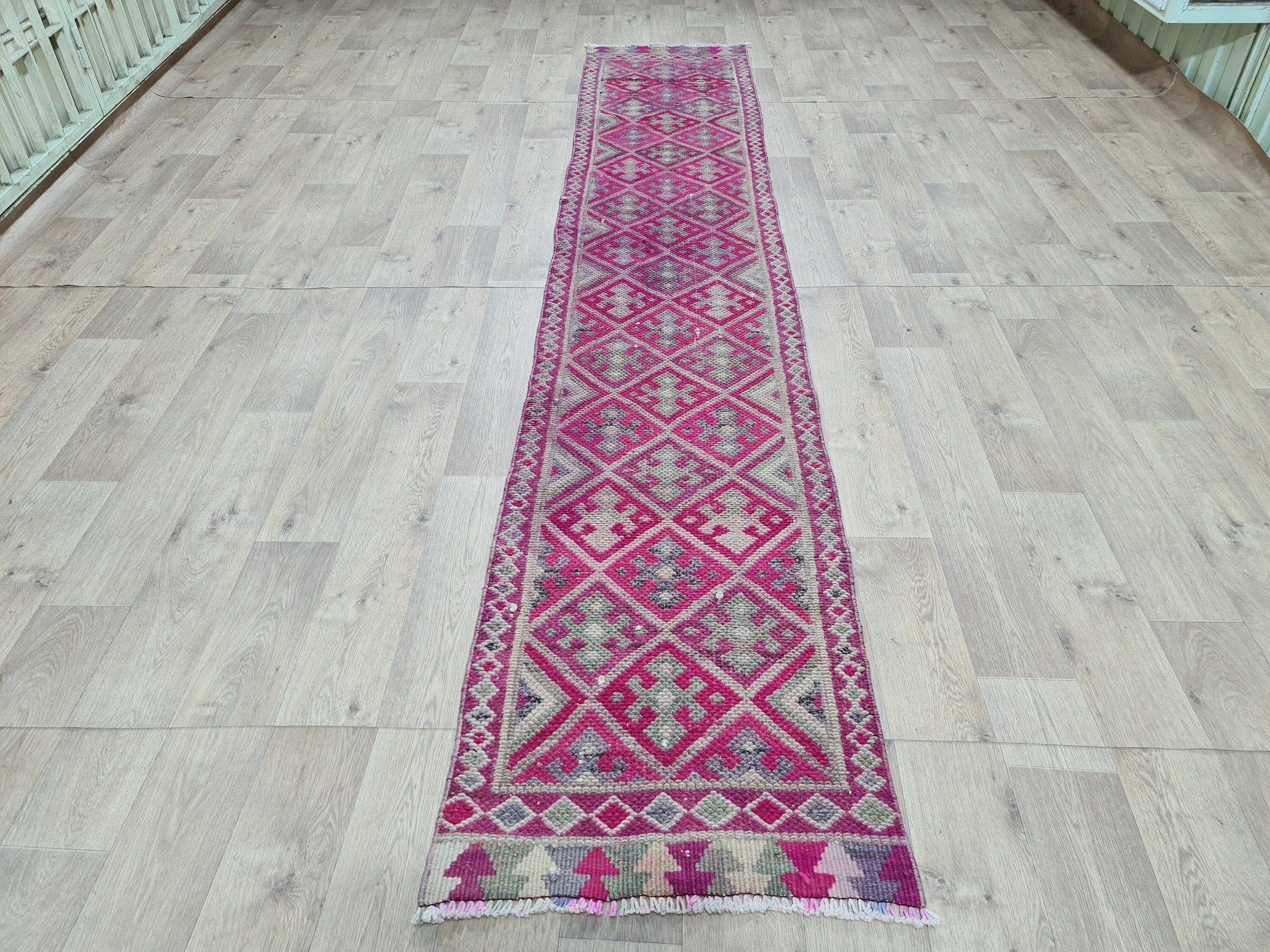 Vintage Hand Knotted Wool Runner Rug: Colorful Herki Design (2.23 x 12 ft)