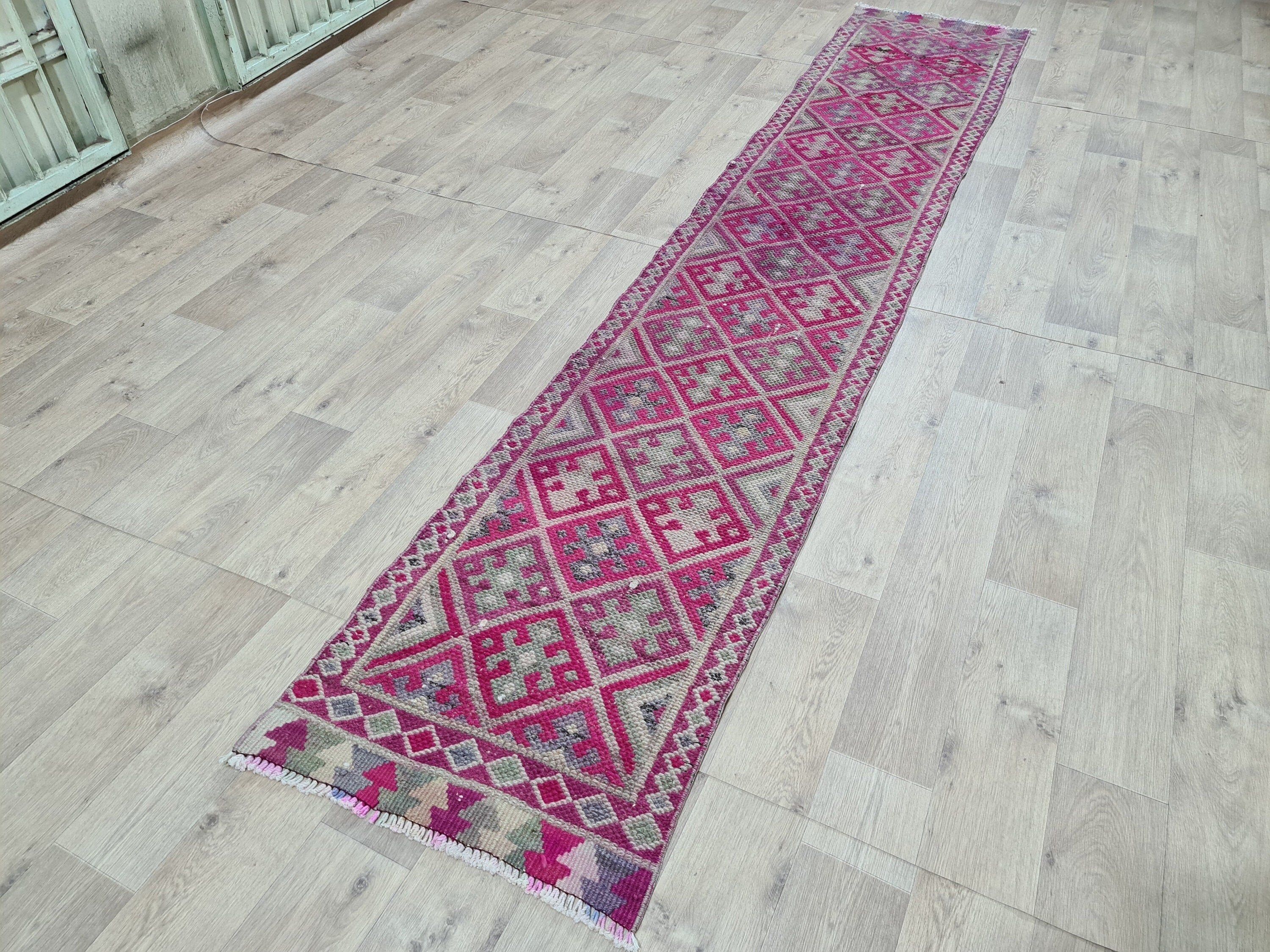Vintage Hand Knotted Wool Runner Rug: Colorful Herki Design (2.23 x 12 ft)