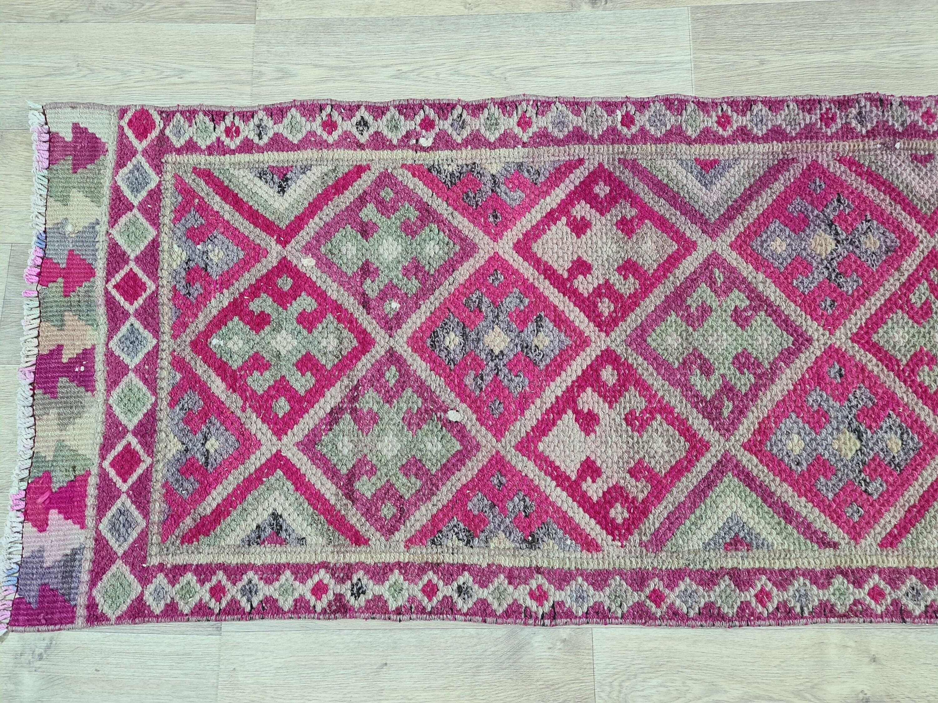 Vintage Hand Knotted Wool Runner Rug: Colorful Herki Design (2.23 x 12 ft)