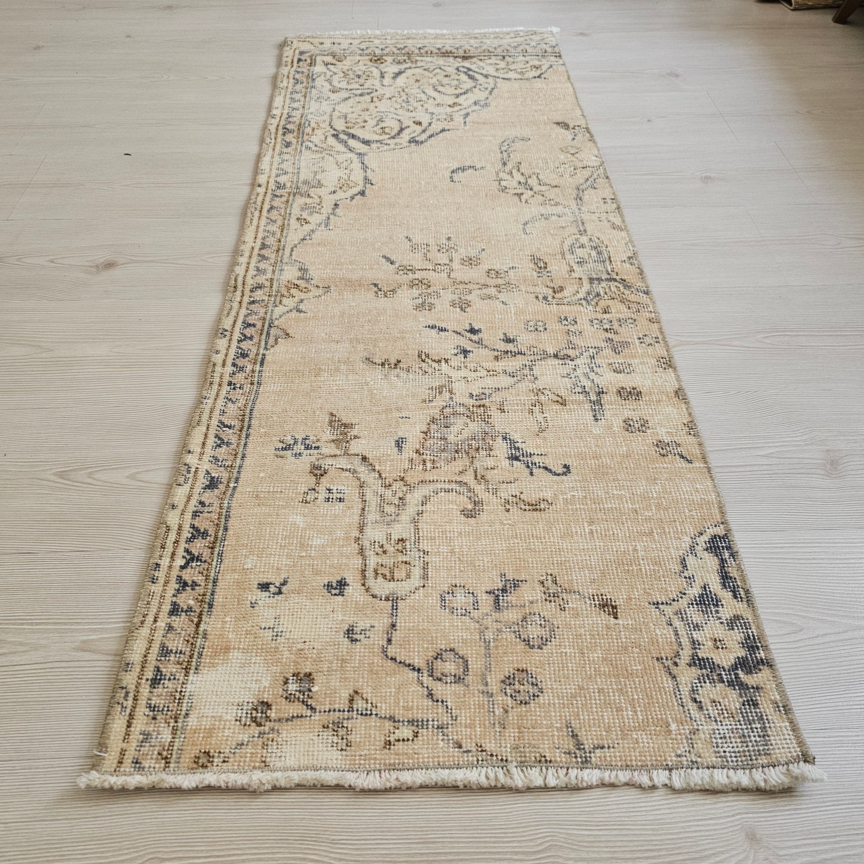 Faded Wool Turkish Runner Rug: Short Vintage Style (2x5)