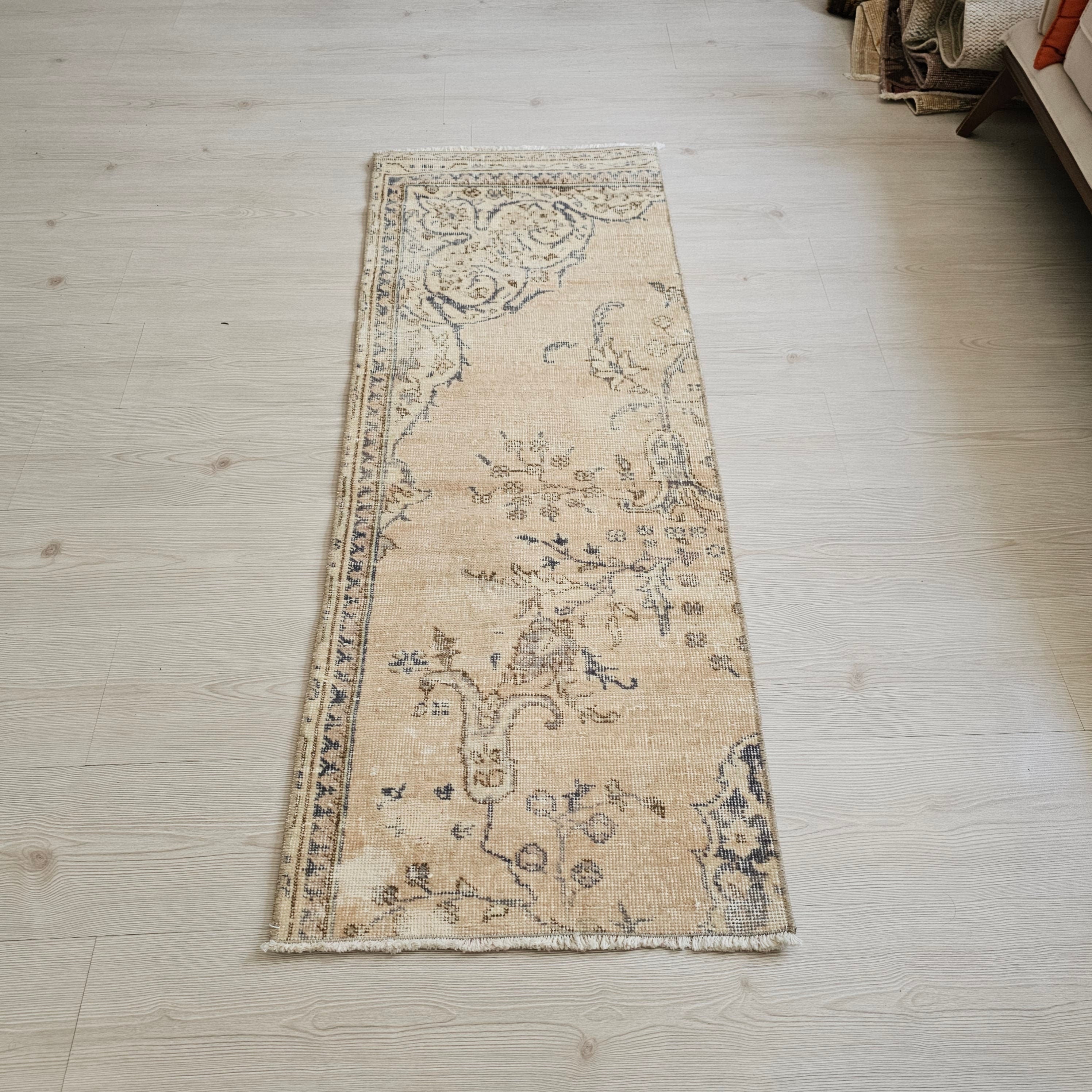 Faded Wool Turkish Runner Rug: Short Vintage Style (2x5)