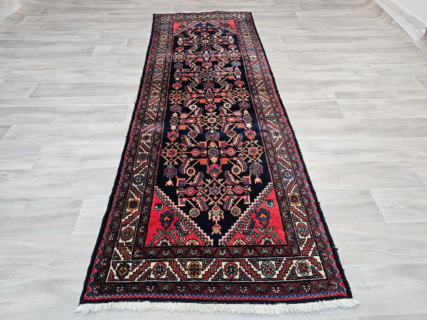 3.60x10.25 feet Antique Wool Anatolian Runner for Hallway and Kitchen - Hand Knotted High Quality Persian Design Geometric Runner Rug