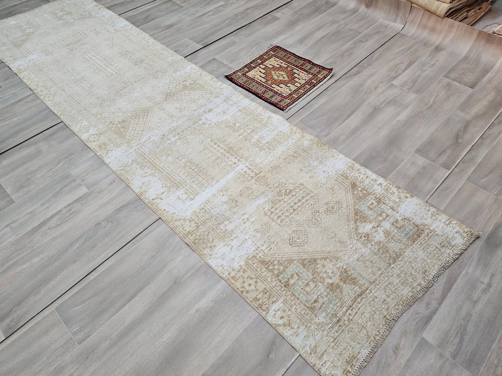 Hand Knotted Wool Runner Rug: Neutral Beige Turkish Oushak, 3x11