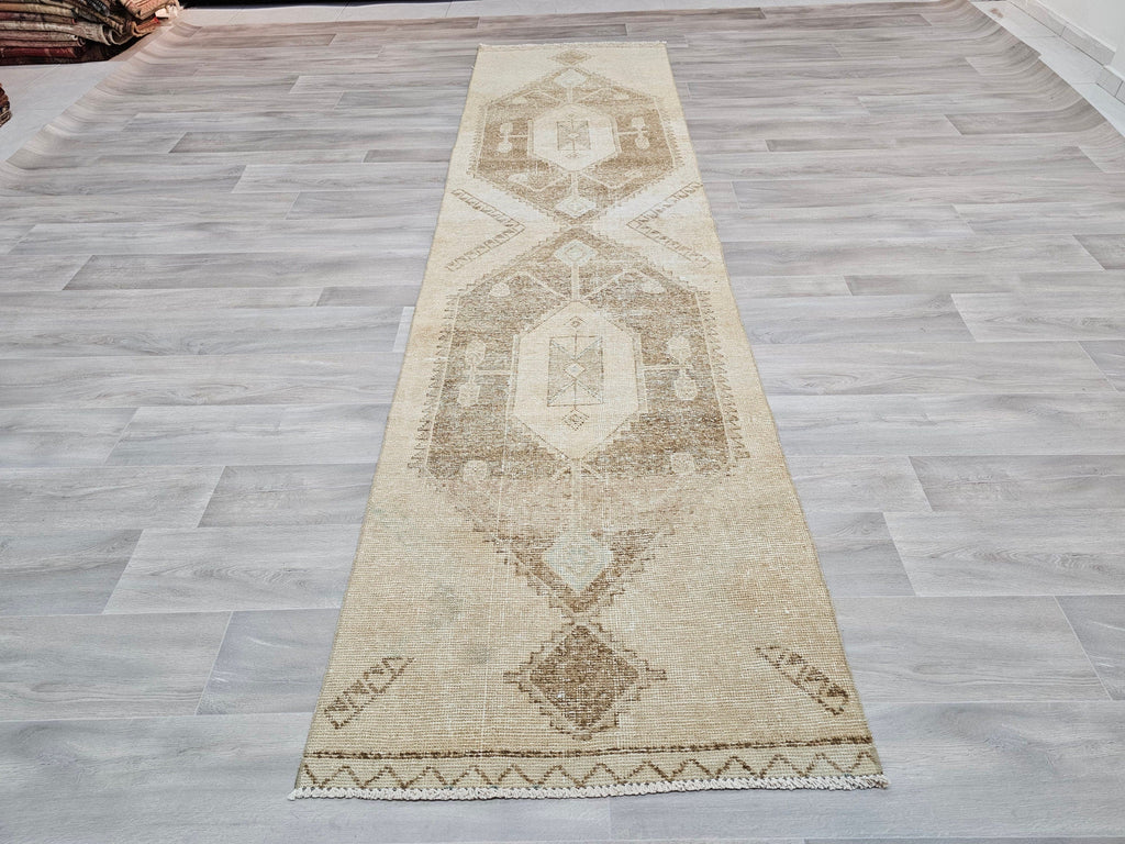 Neutral Turkish Oushak Runner Rug: Hand-Knotted Wool Boho Decor (3x11.5 ft)