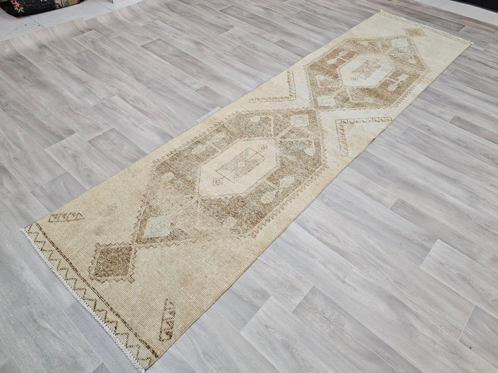 Neutral Turkish Oushak Runner Rug: Hand-Knotted Wool Boho Decor (3x11.5 ft)