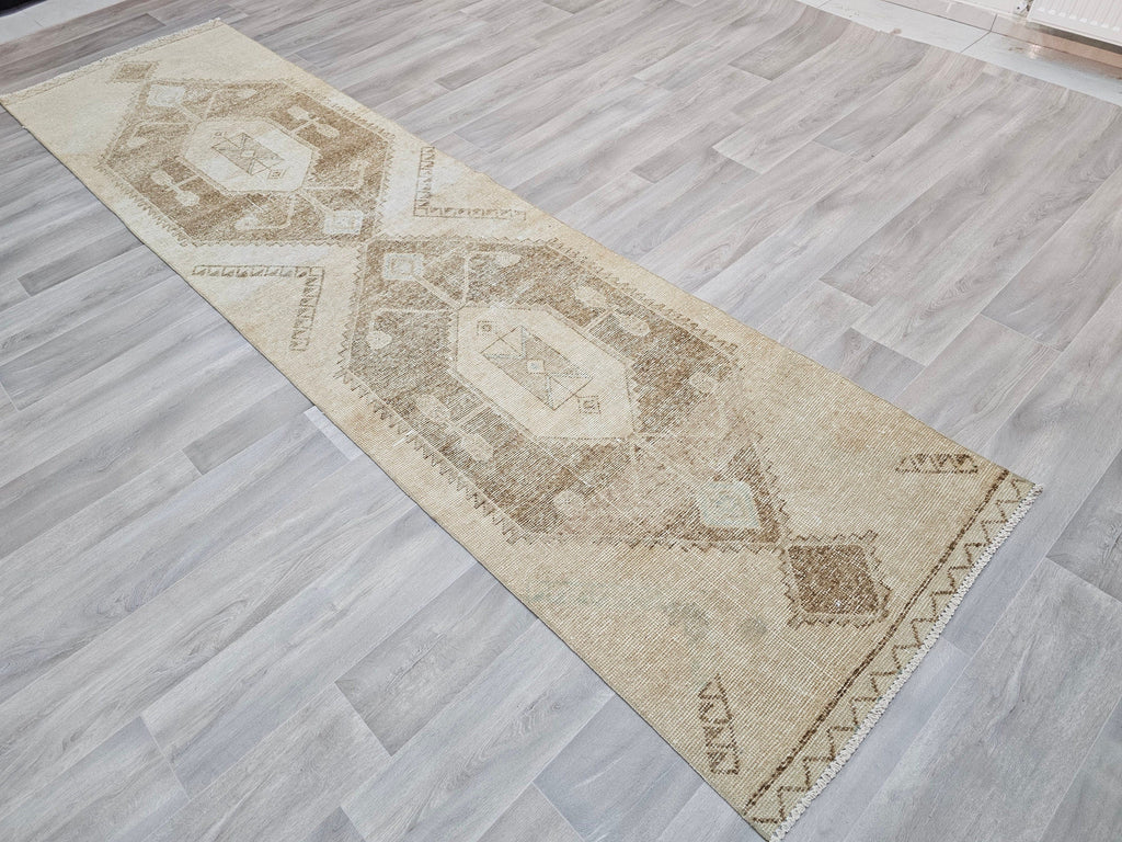 Neutral Turkish Oushak Runner Rug: Hand-Knotted Wool Boho Decor (3x11.5 ft)