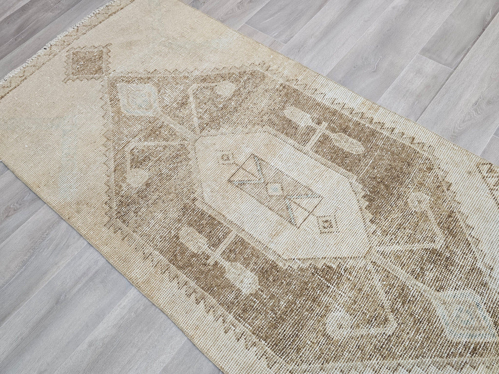 Neutral Turkish Oushak Runner Rug: Hand-Knotted Wool Boho Decor (3x11.5 ft)