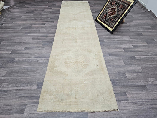 3x12 feet Neutral Vintage Oushak Runner - Hand Knotted Faded Wool Runner - Aesthetic Anatolian Runner for Hallway and Aisle Runner rug