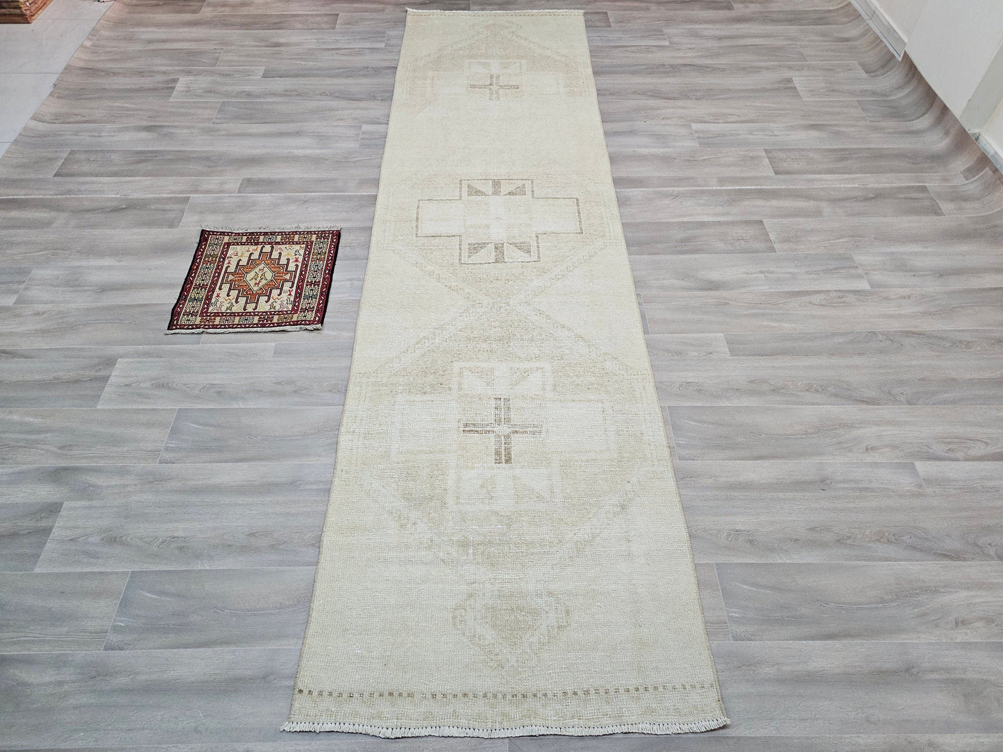 3x12 Neutral Oushak Runner Rug - Han Knotted Wool Turkish Runner Rug for Hallway and Kitchen - Boho Runner Rug - Neutral Vintage Runner