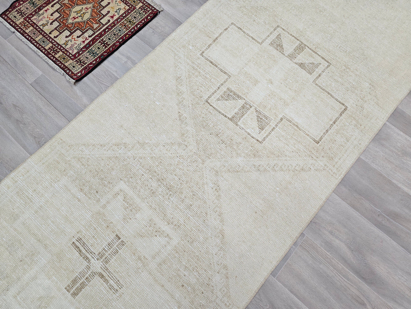 3x12 Neutral Oushak Runner Rug - Han Knotted Wool Turkish Runner Rug for Hallway and Kitchen - Boho Runner Rug - Neutral Vintage Runner