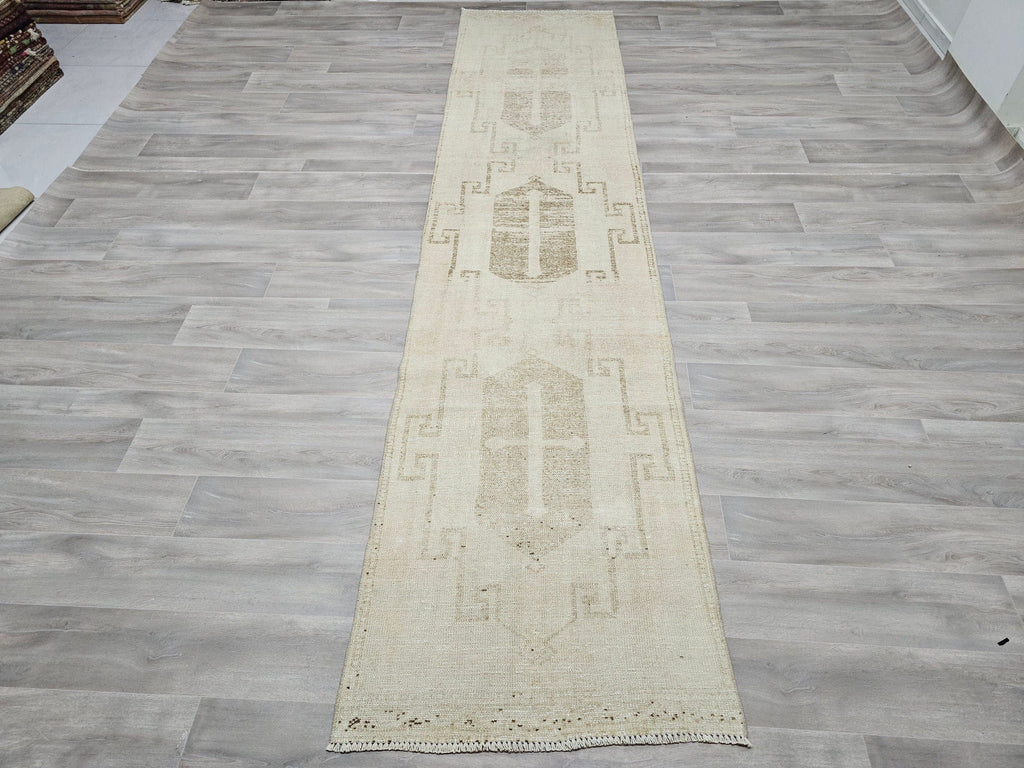 Hand Knotted Wool Turkish Runner Rug: Neutral Scandinavian Hallway Decor (3x13)