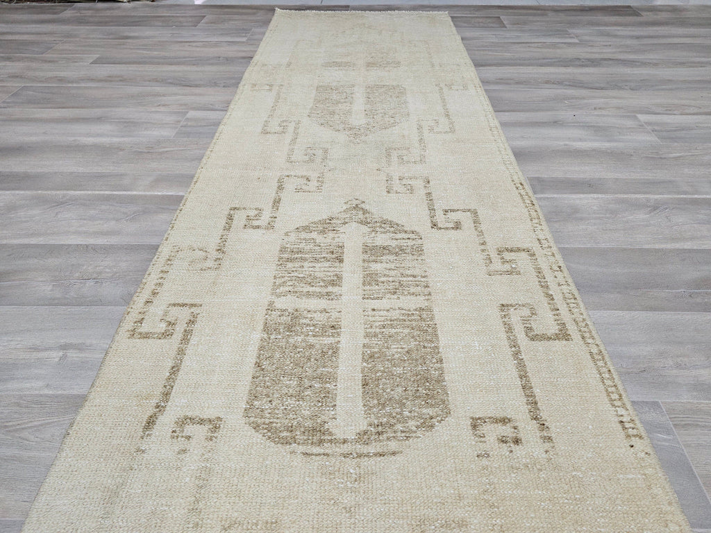 Hand Knotted Wool Turkish Runner Rug: Neutral Scandinavian Hallway Decor (3x13)