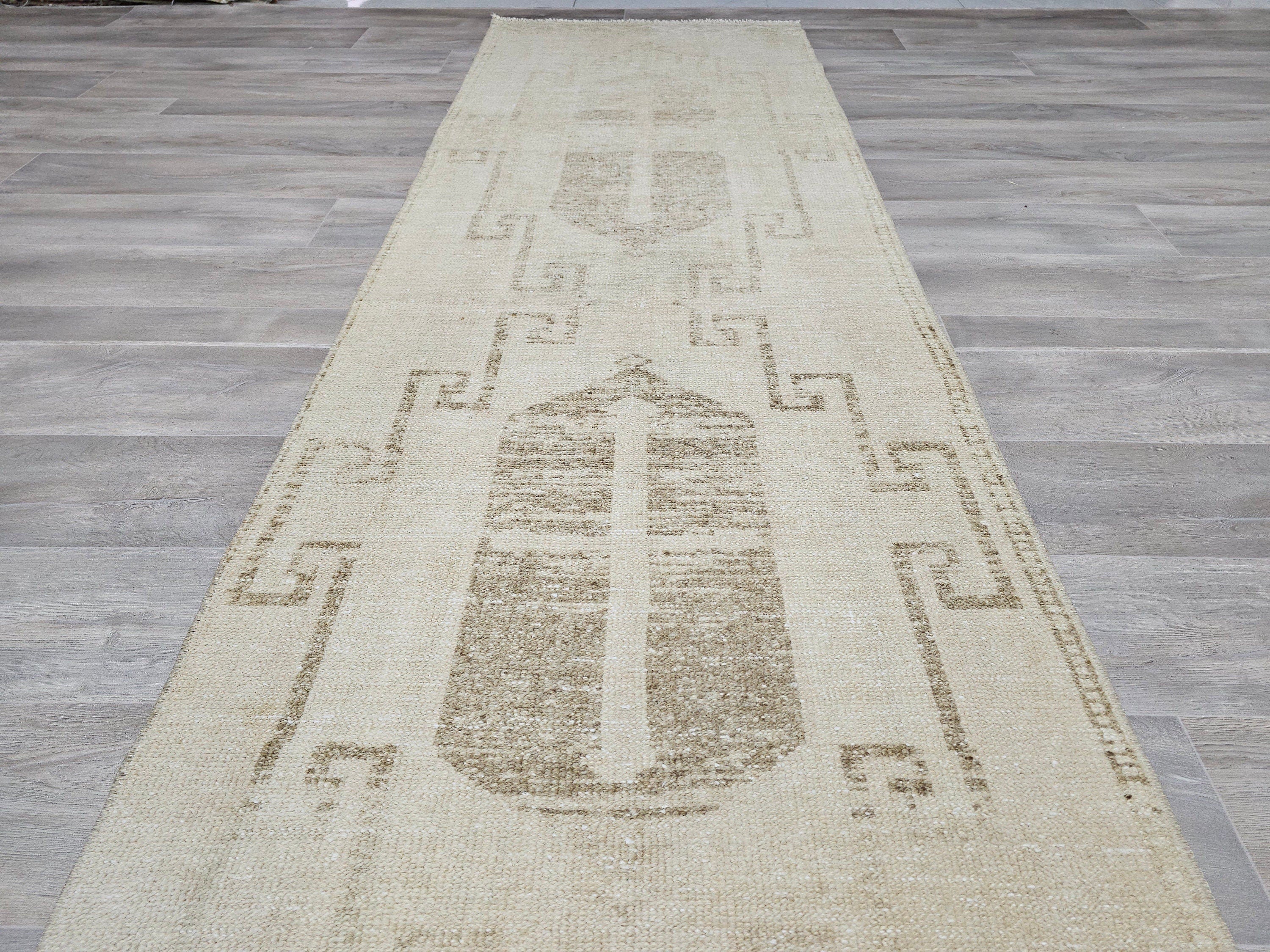 Hand Knotted Wool Turkish Runner Rug: Neutral Scandinavian Hallway Decor (3x13)