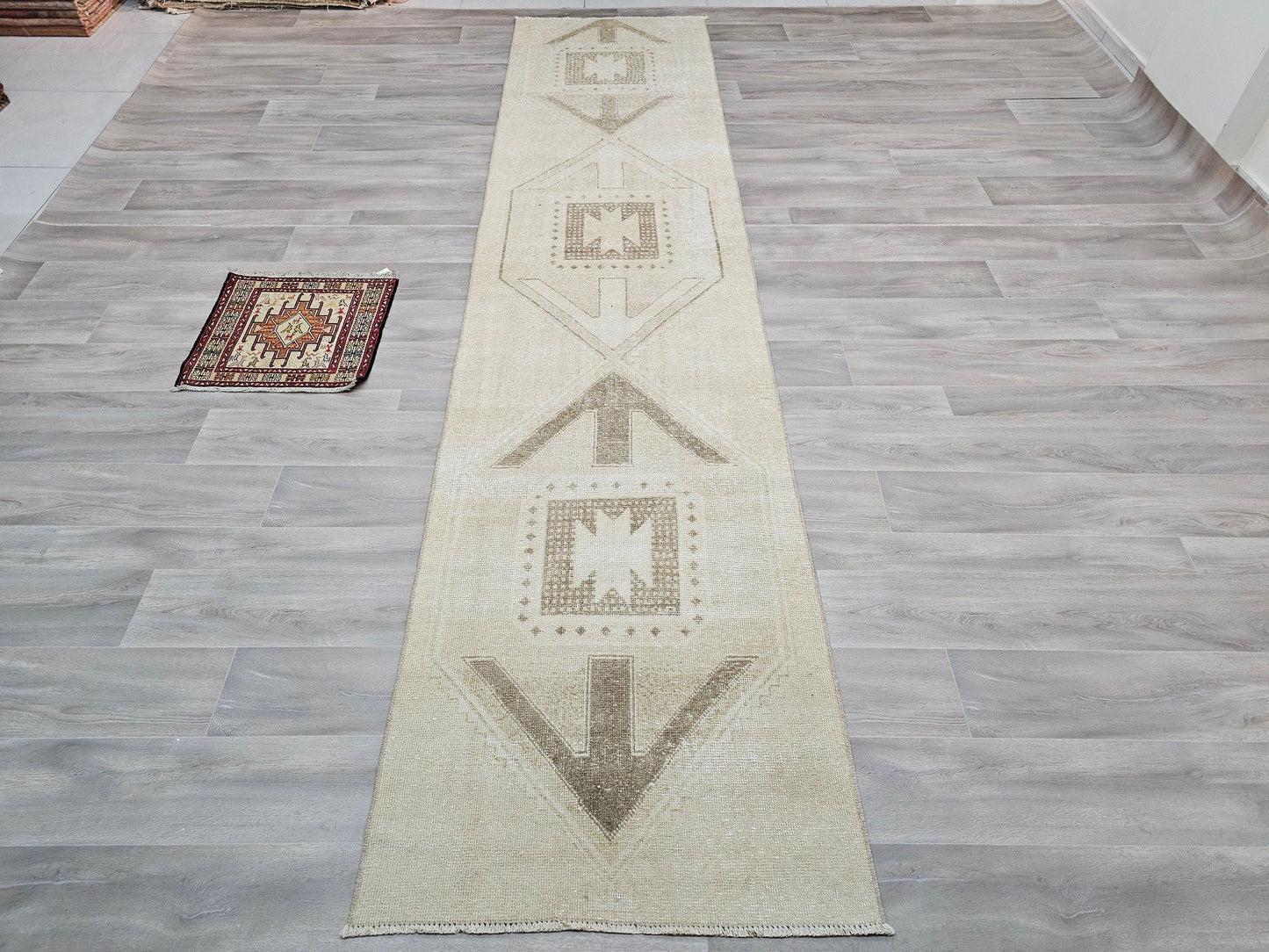 3x13 Neutral Turkish Oushak Runner - Hand Knotted Vintage Wool Runner Rug - Anatolian runner - Boho runner rug for Hallway and Kitchen