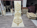 Vintage Turkish Oushak Runner Rug: 3x13 Neutral Wool Hallway Carpet