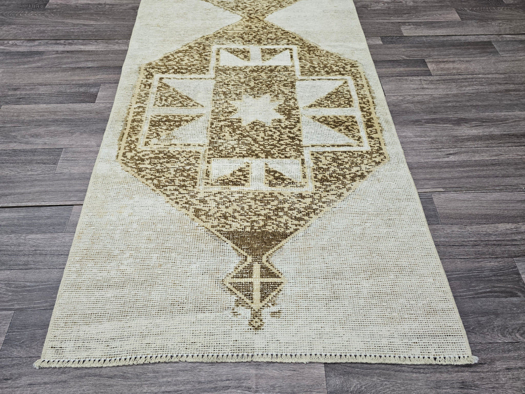Vintage Turkish Oushak Runner Rug: 3x13 Neutral Wool Hallway Carpet